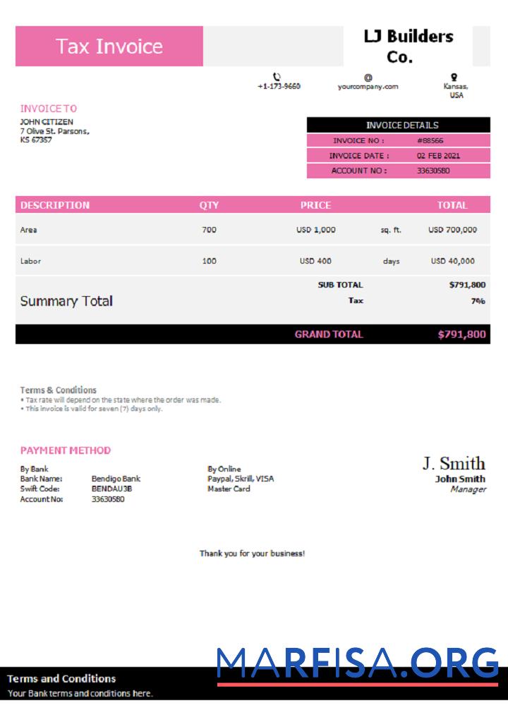 Downloadable USA LJ Builders Co. invoice example